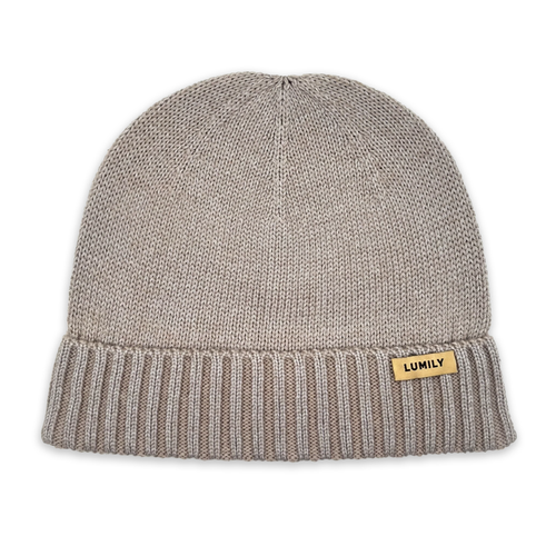 Bark hue i merinould til børn i varm gråbeige med reflekstråd, på hvid baggrund